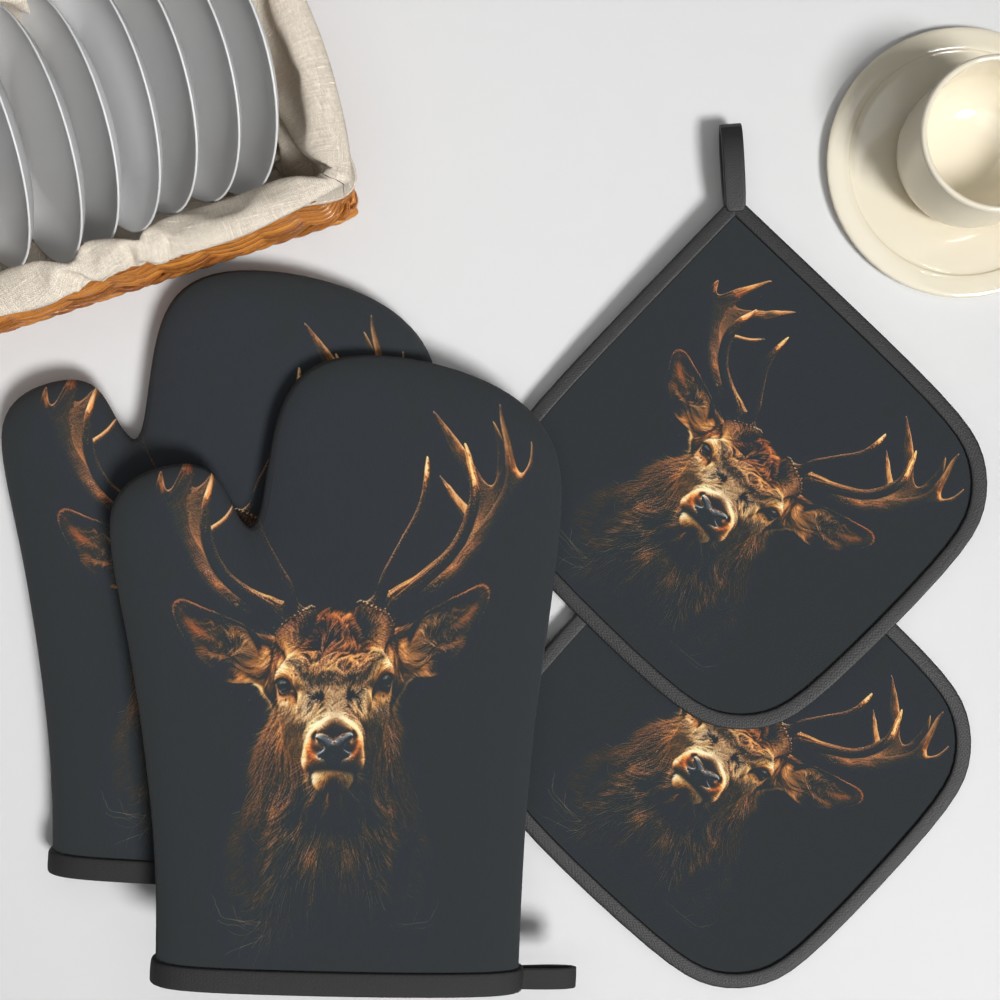 4pcs 10.6*6.7 Inch Heat Resistant Oven Mitts And Potholders Autumn Deer Head Antlers Fur Kitchen Heat Resistant Oven Gloves Hostess Friendship Family Housewarming Gifts