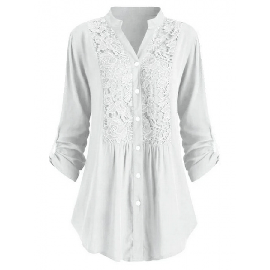 

Size Women' Tunic Top With White Lace Floral Pattern - V Neck, Long Sleeve, Button-down Blouse For Casual Fall Streetwear, Plus Size Blouses