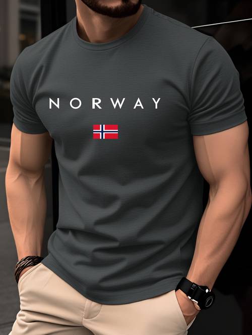 maglietta 100% cotone, corta fit, moda e , casual e versatile, stampa norway con bandiera norvegese, , elegante e divertente