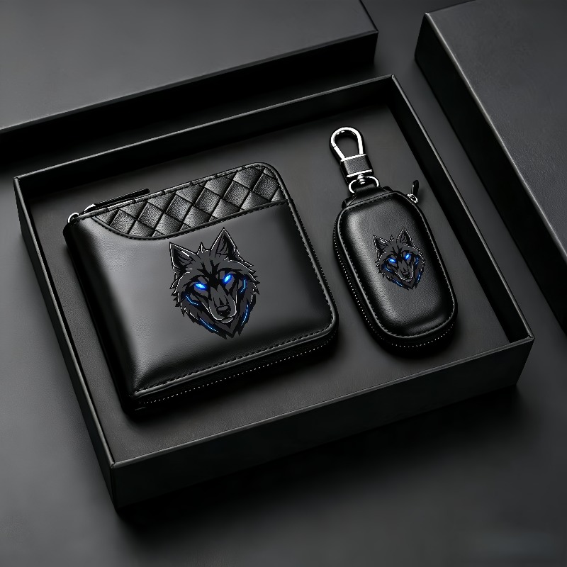 TEMU A 2pcs Set Of Premium Men's Wolf-head Wallets Featuring A Twisted , Complete With A Car Key Ring. From Black Crocodile-embossed Faux Leather,