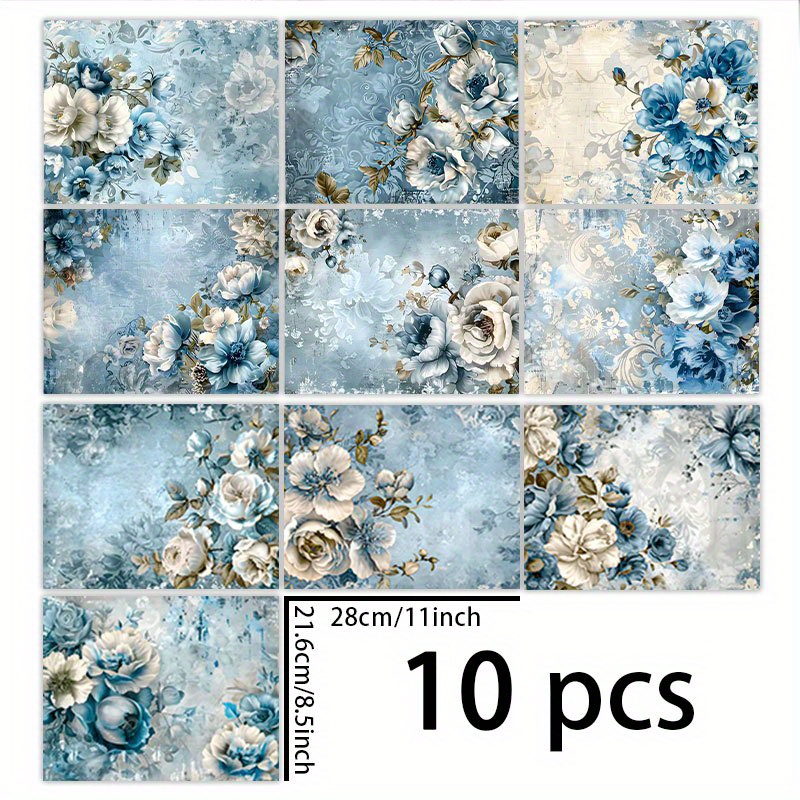 TEMU 1 Set Of 10 Sheets (11*8.5 Inches) American-style Blue Gauze Floral Background Material For Decoration, Diary, Junk Journal, Greeting Cards,