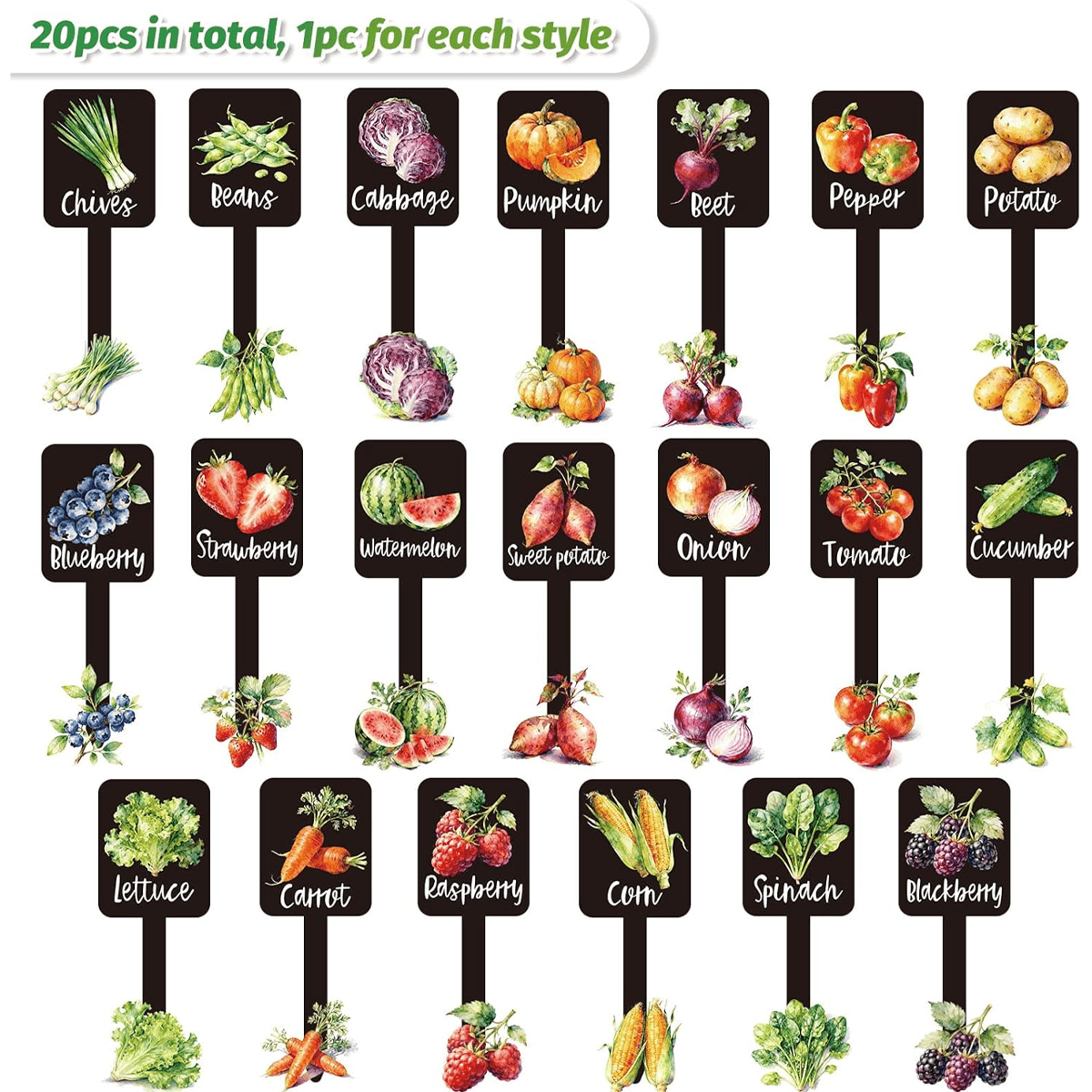 TEMU [plant Label Tags]20 Watercolor Vegetable And Fruit Plant Labels In 20 Different Styles, Waterproof Black Acrylic Plant Stake Tags With Names,