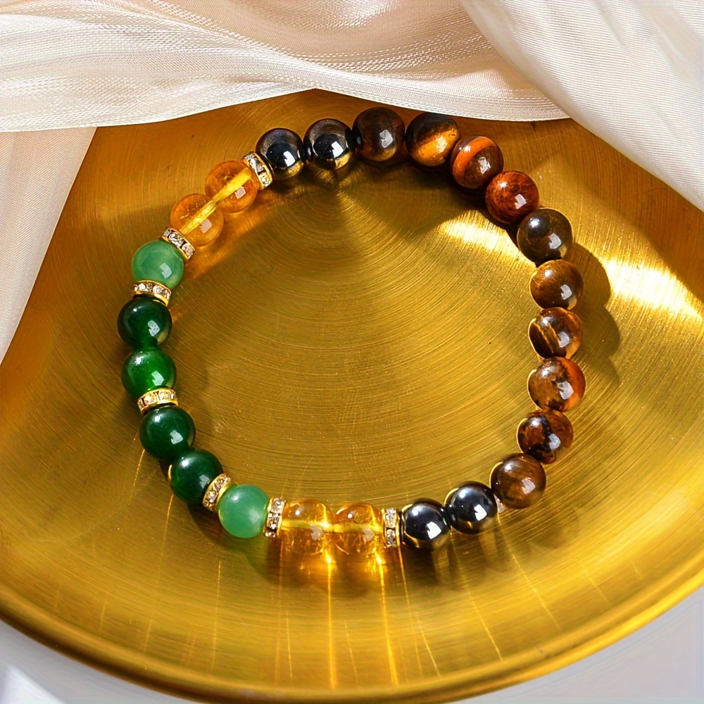 TEMU 1pc Bohemian Stone Bracelet For Men- Golden-tone Spacers, Green& Brown Beads, Daily Wear Money& , Metal Jewelry, Charm, Stylish Wrist Chain,