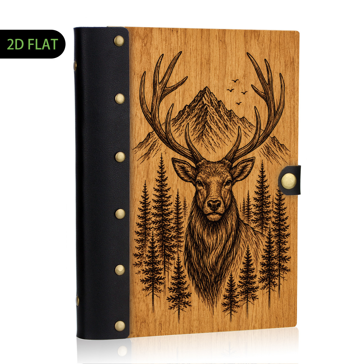 TEMU 1pc Leather And Wooden Hardcover Notebook Design, 2d Flat Deer Buck Journal Diary, Rustic Wood Grain Pine Tree Line Art, Travel Writing Office