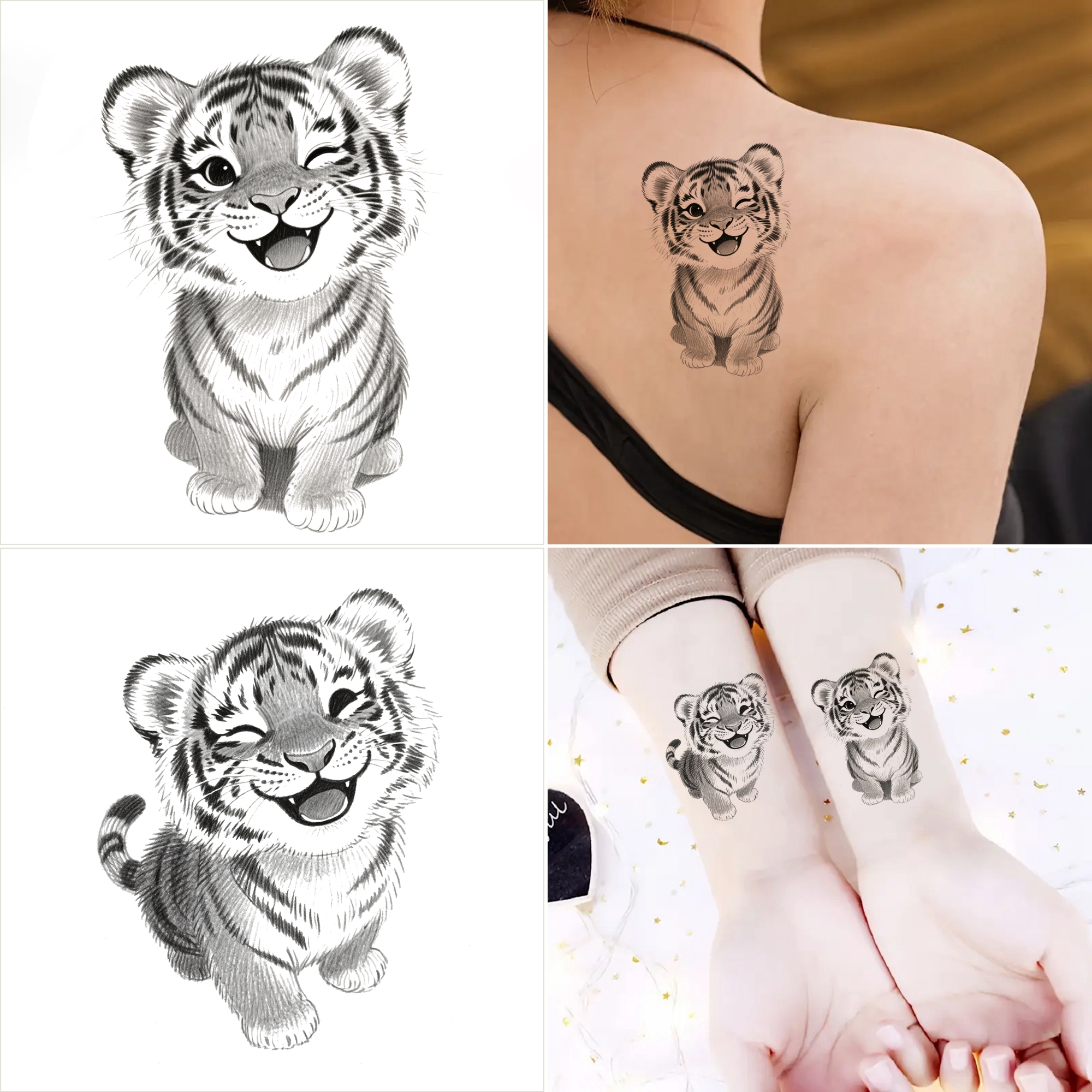 2-sheet Realistic Smiling Tiger Temporary Tattoo For Adults - Waterproof & Long-lasting Fake Body Art With Tiger Face, Application For Halloween, Parties, Costumes - For , Temporary Ink Sheets