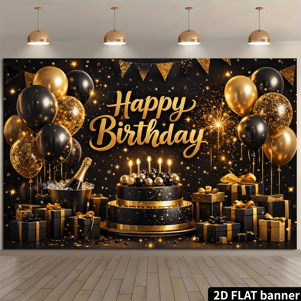 TEMU 2d Flat Black And Golden Luxurious Birthday Party Backdrop, Black And And Double-layer Cake Elements With Champagne Gift Box And Fireworks Light