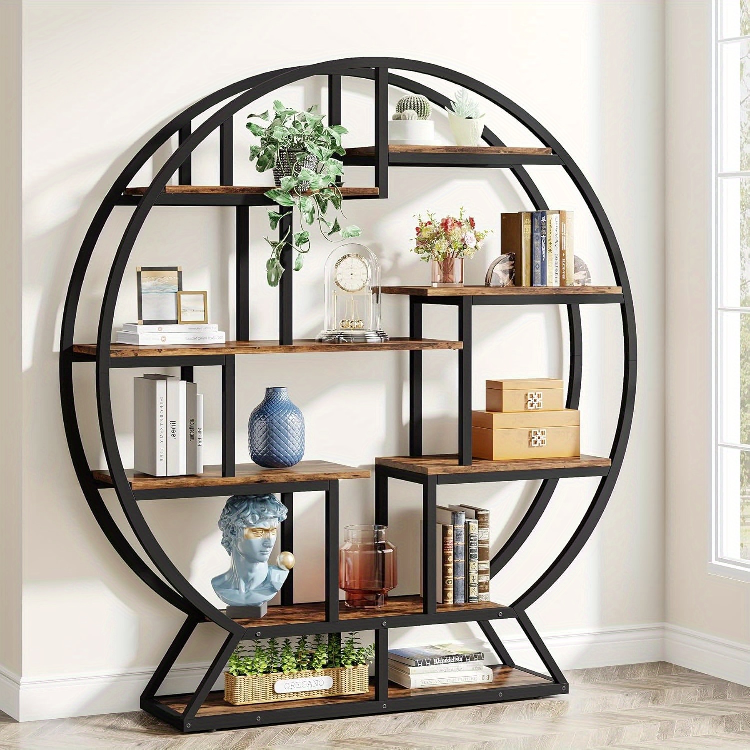 TEMU Estante de libros, estantes redondos de libros, estantería de libros de madera de 63 pulgadas con estantes escalonados, estantería rústica para