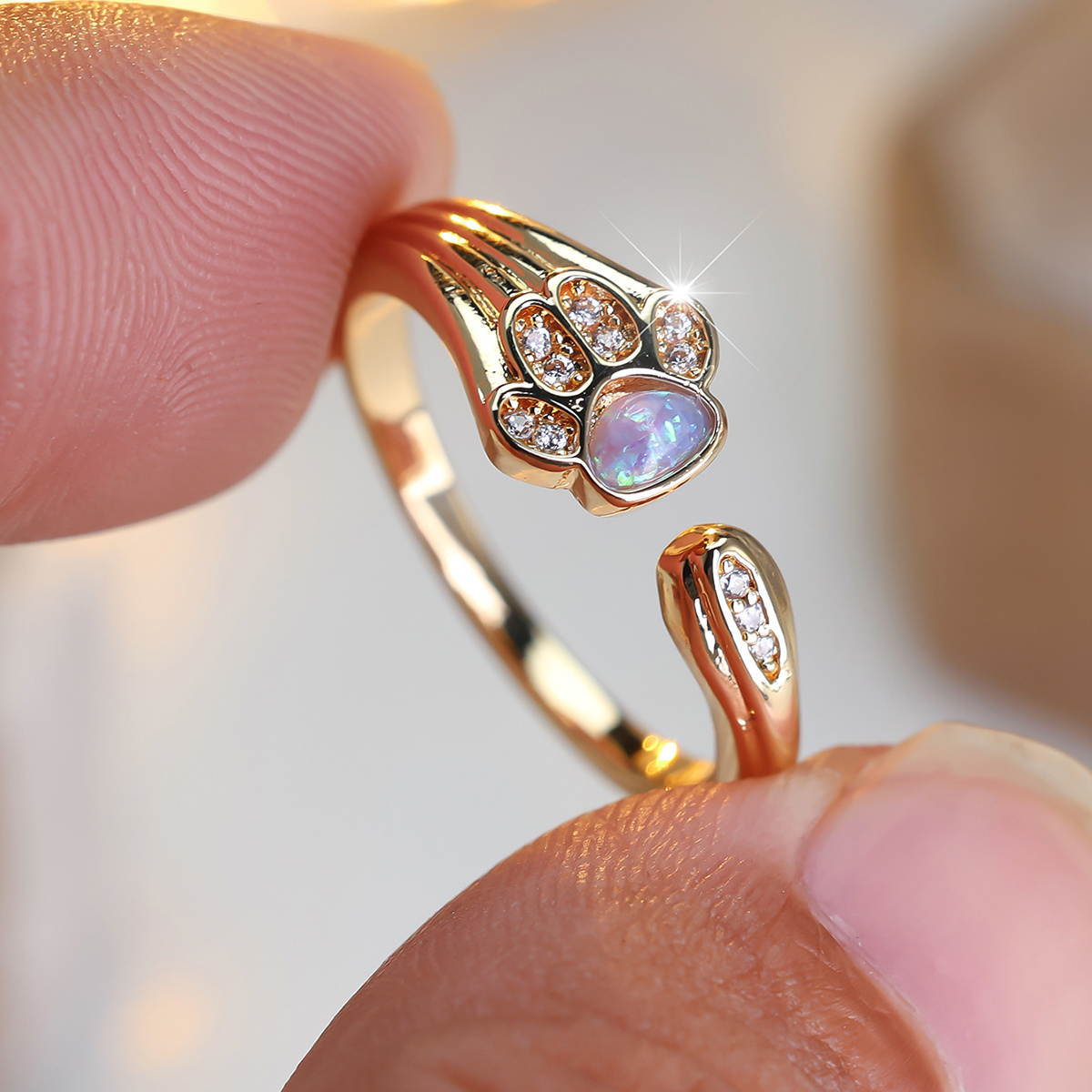 Unisex Cute Paw-Shaped Open Ring with Iridescent Opal