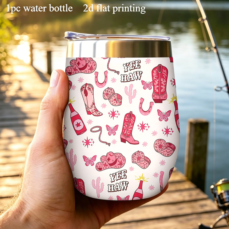 TEMU 1pc 12oz/ 360ml 2d Printed Water Bottle With Lid Thermal Travel Light Pink Background Filled With Cowboy Hats, Boots, , And "" Text. Holiday &