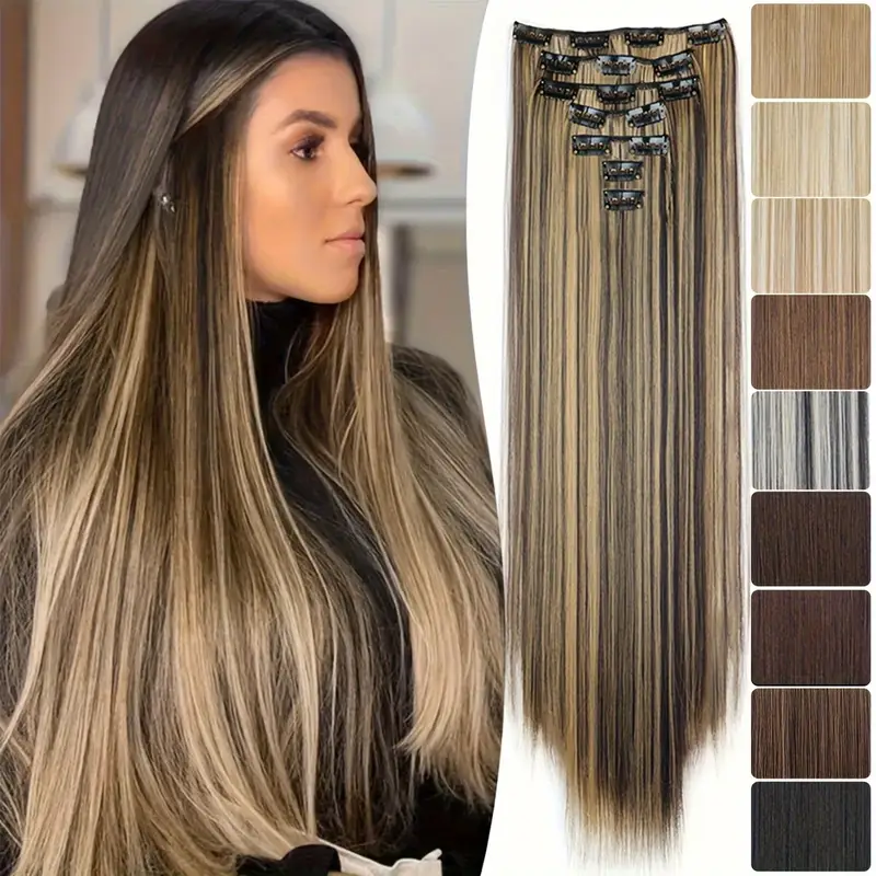 24-inch 7pcs set 16 clip-in women s straight hair extensions set natural gloss heat-resistant synthetic fiber style suitable for all increase hair volume holiday hot new style details 2