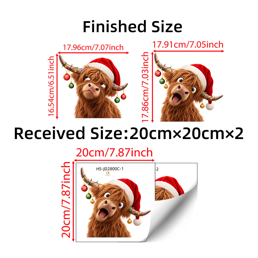 TEMU 2 Sheets Xmas Cute Highland Cows Window Stickers, Santa Hats Fairy Lights Balls Snowy, Double-sided Electrostatic Window Clings, For Bedroom