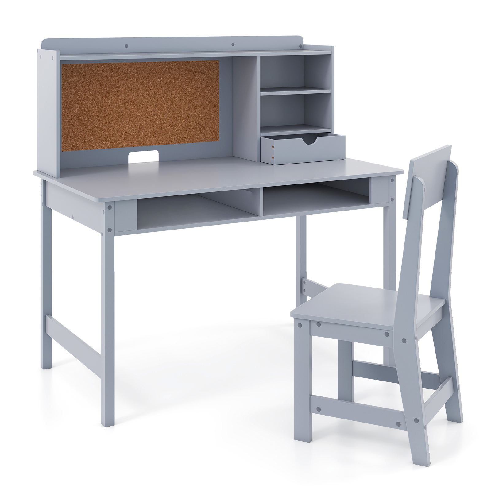 Image of Kids Study Desk And Chair Set, Wooden Students Writing Table With Cork Bulletin Board, Drawer, Storage Hutch And Open Shelves, For Bedroom