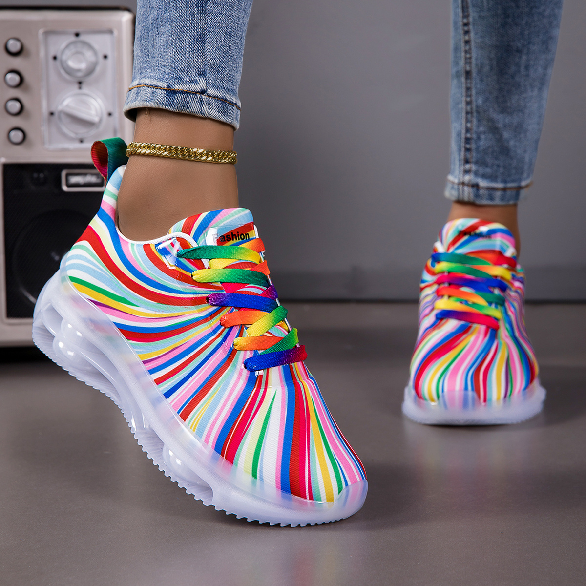 women gradient striped air cushion sneakers with transparent sole platform breathable mesh lace up walking shoes suitable for outdoor gym stability training all day wear lightweight cushioned footwear for daily use