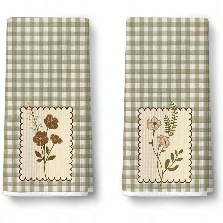 TEMU 2pcs 2pcs Sage Green Gingham Kitchen Towels Suitable For Counter Wiping, Scalloped Floral Patch Dishcloths, Microfiber Farmhouse Towel For Spill
