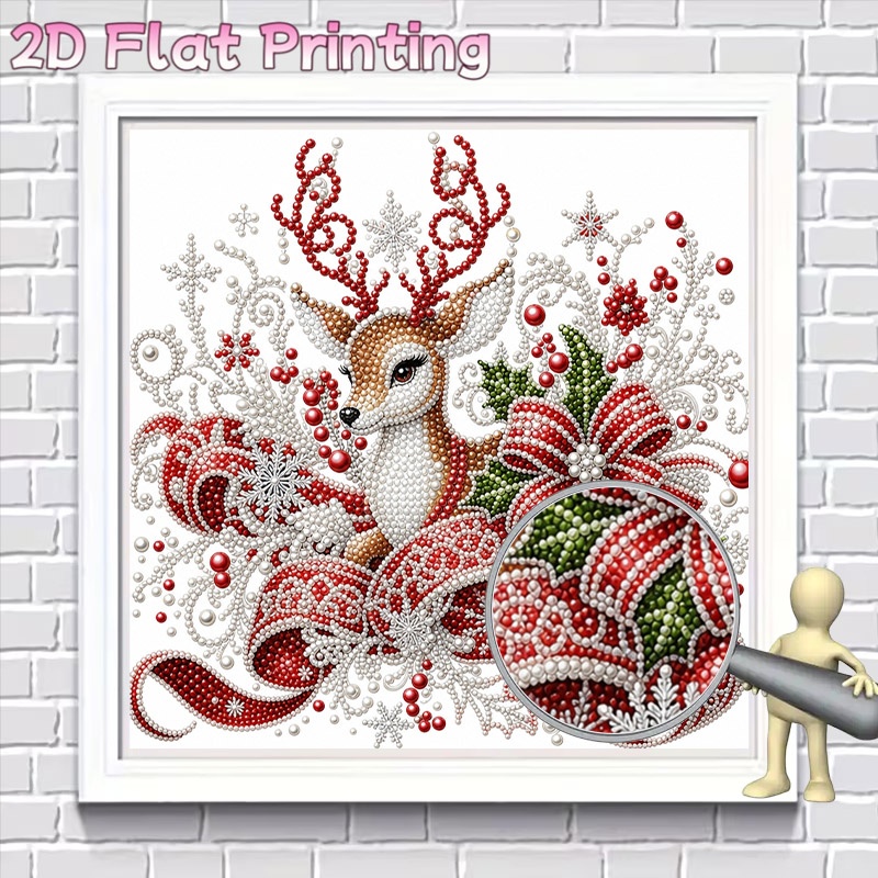 TEMU Kit de peinture diamant 2D perle, motif de de Noël cadre, avec rouge à lèvres, feuilles de houx, de neige et décorations d'hiver étincelantes,