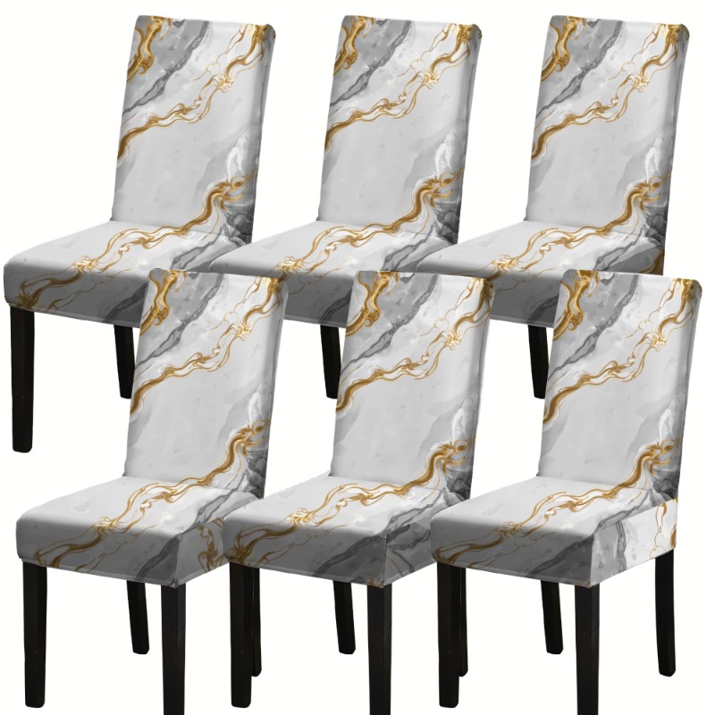 TEMU Lot de 4/6 housses de chaise de salle à manger extensibles de luxe à imprimé marbre et doré, protège-chaise amovible et lavable pour cuisine,