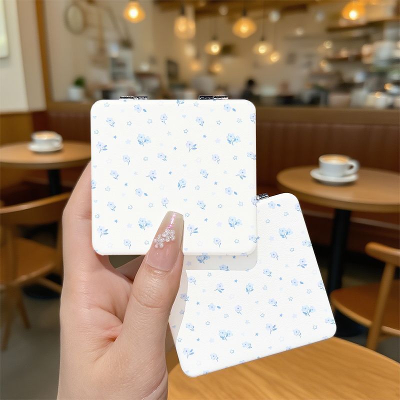 Light Blue Mini Floral Portable Hand Mirror