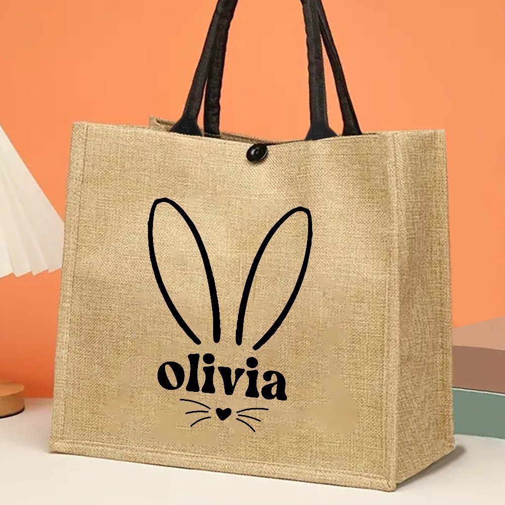 

Personalized Easter Bunny Jute Tote Bag, Custom Name, , Reusable Shopping Bag For Hunt, Unique Easter Gift Idea