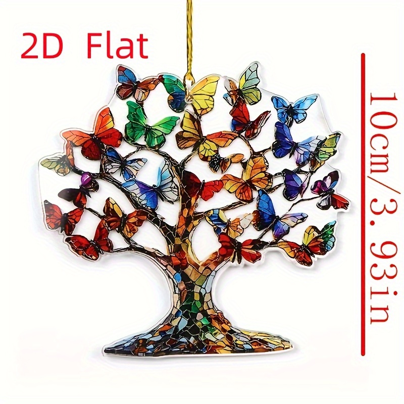 TEMU 2d Flat, Vivid Life Tree Acrylic Hanging Decoration, Colorful Design With Butterflies And Flowers, Perfect For Home, Office, Garden Or Car -
