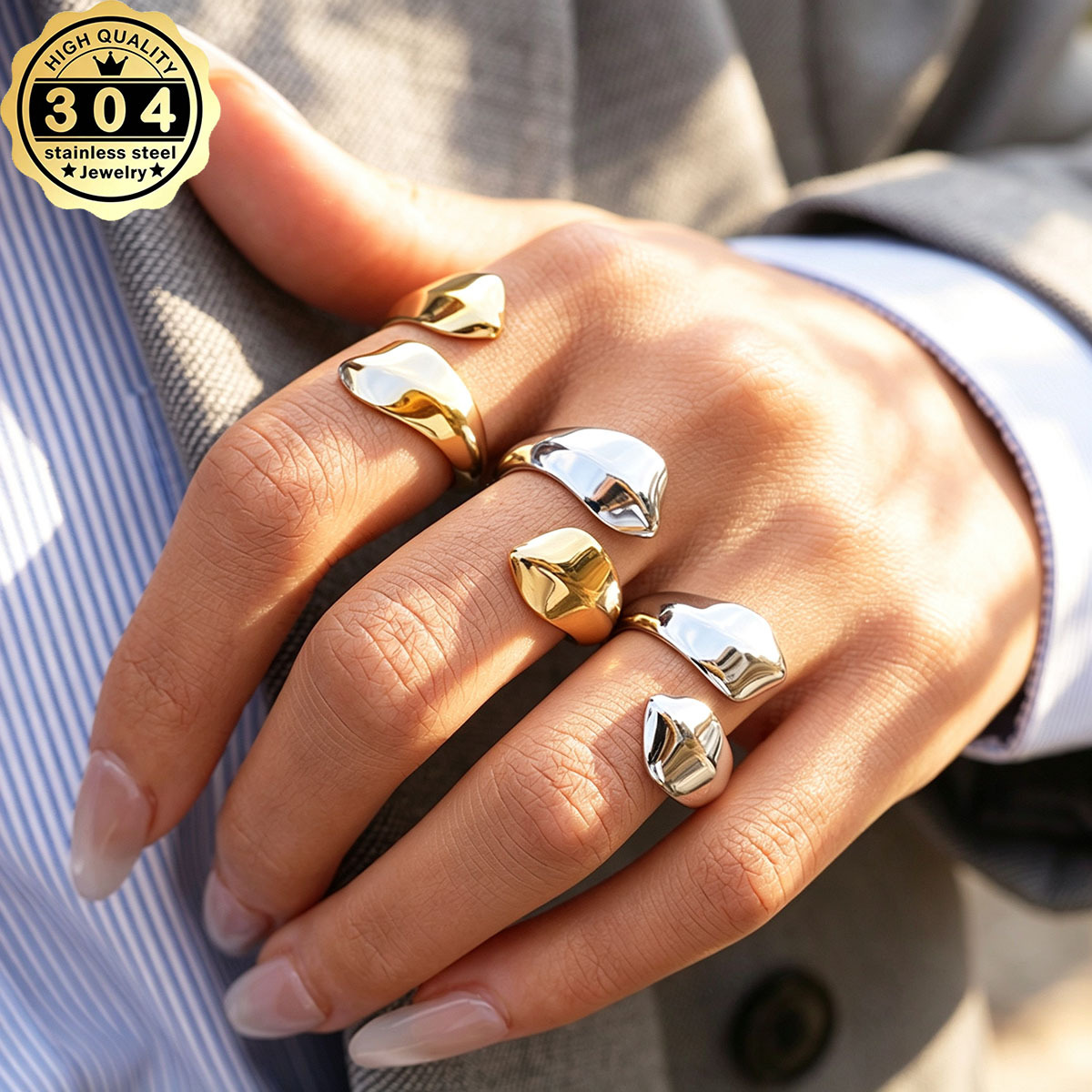 Women's Adjustable Open Geometric Ring, 18K Gold Plated