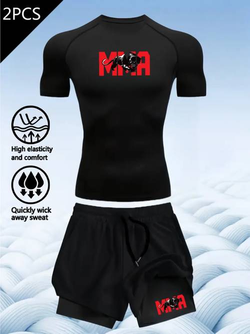 mens fit two piece set short sleeve t shirt double layer shorts indoor outdoor round neck lightweight sports t shirt with novelty print quick dry fitness running hiking soccer training double layer sports shorts boxing training outfit