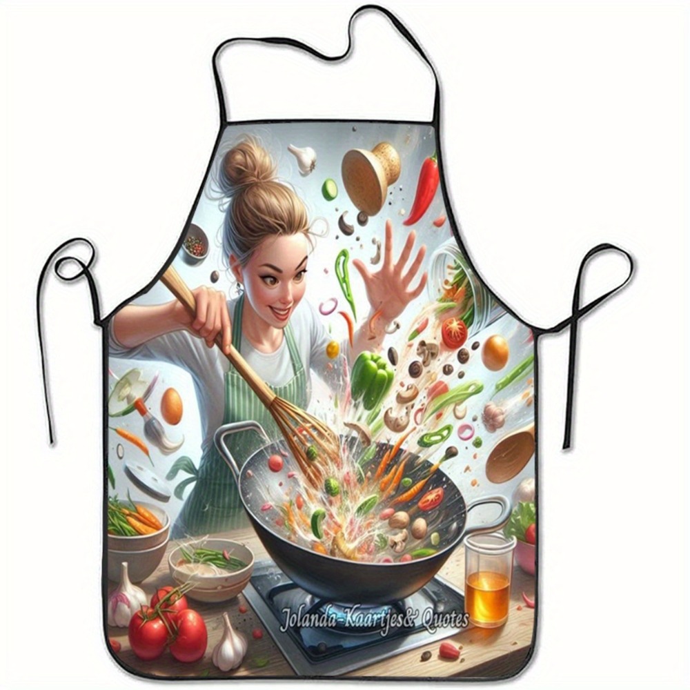 TEMU 1pc Whimsical Flying Vegetables Print Polyester Apron - Durable Unisex Kitchen Apron For Home & Cafes, Comfortable Baking & Coffee Work Apron