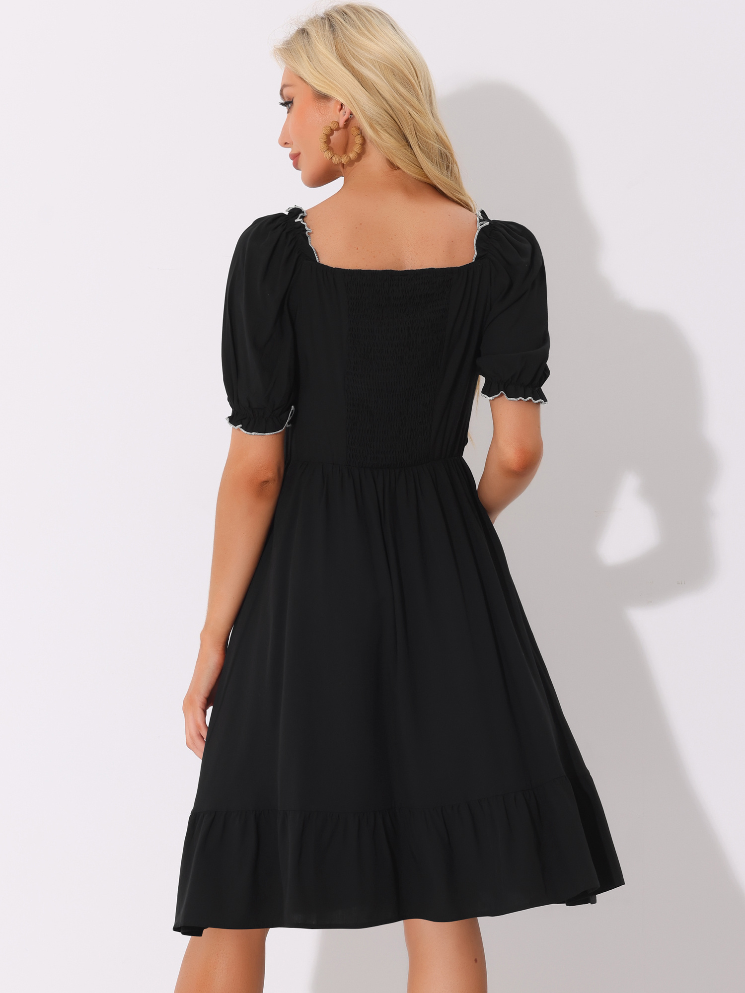 smocked dress womens square neck puff short sleeve ruffle - Temu