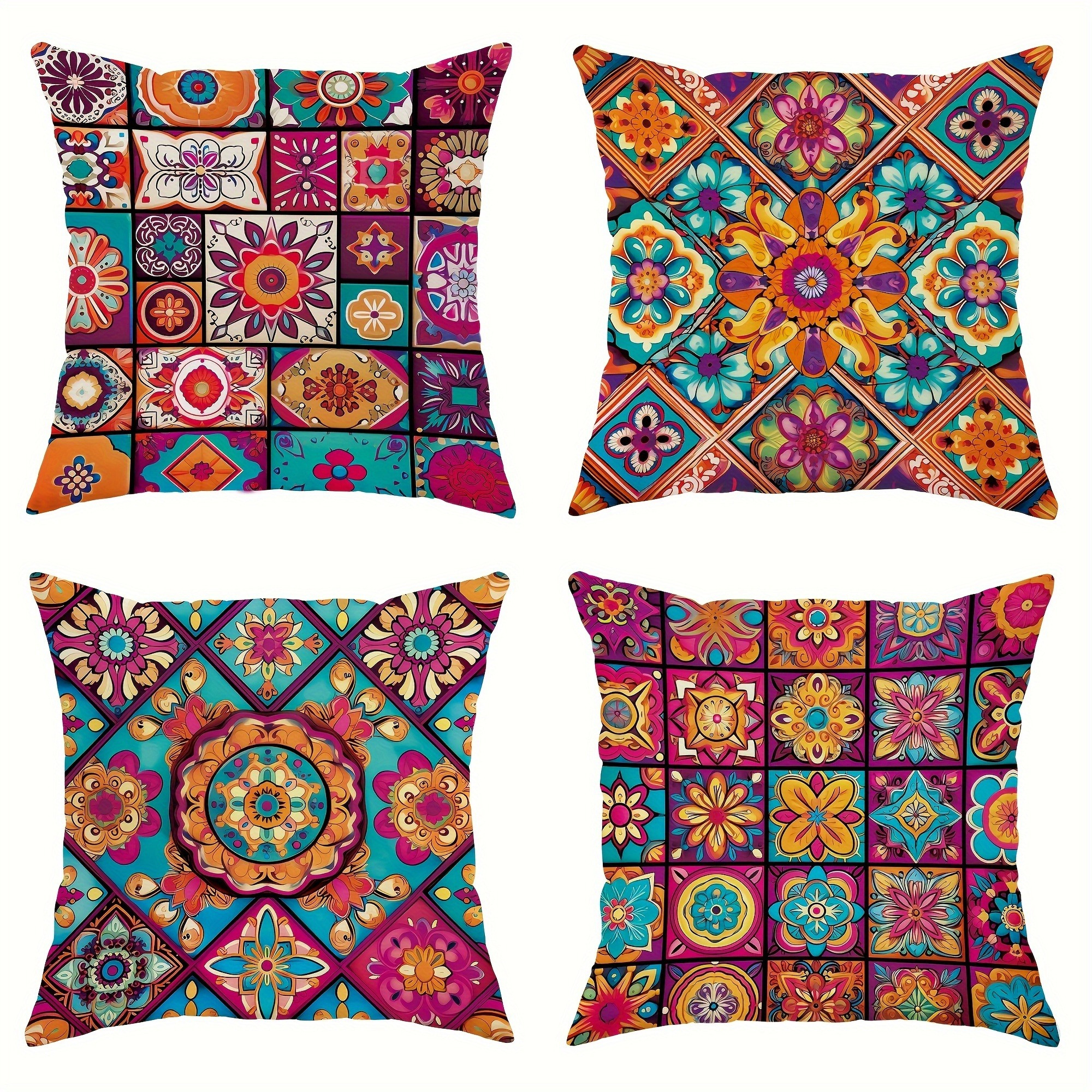 

Bohemian Chic 4pcs Mandala & Grid Cushion Cover Set - Vibrant, Modern Decorative Pillowcases For Living Room, Sofa, And Outdoor Use (inserts Not Included)