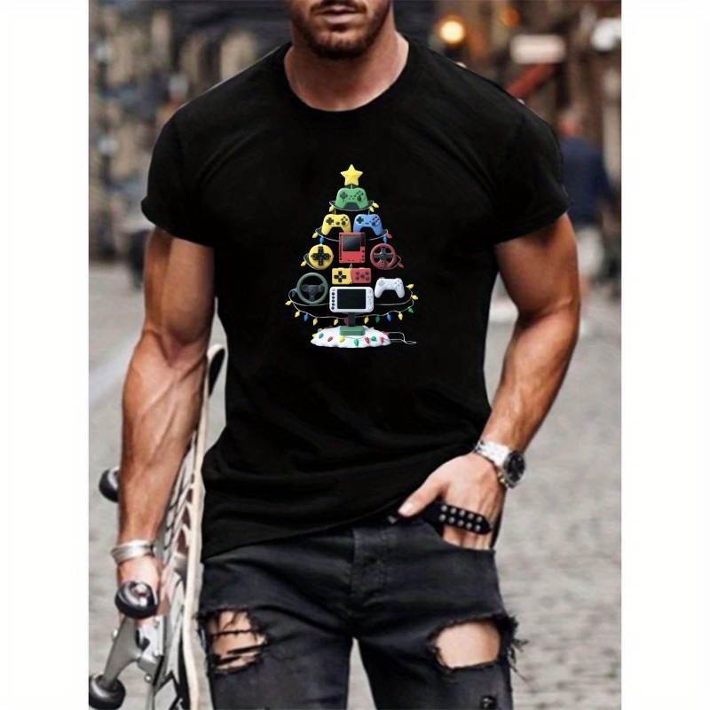 

Men's Gaming Controller Christmas Tree Graphic Tee - Casual Short Sleeve T-shirt, Breathable Polyester, Machine Washable - Summer