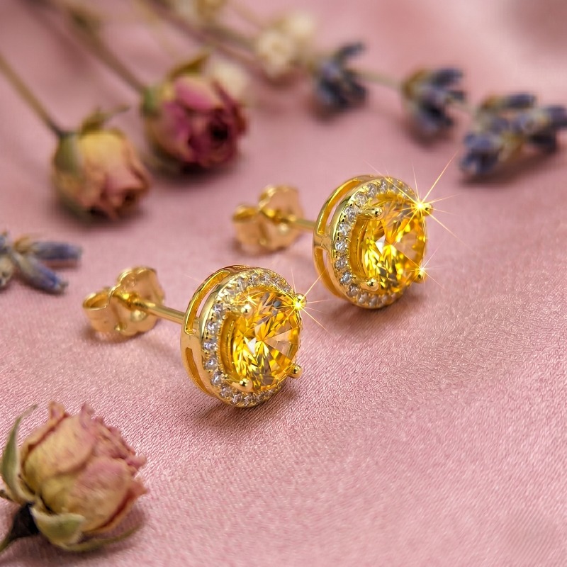 Women's 925 Silver Elegant Yellow Zirconia Round Stud Earrings