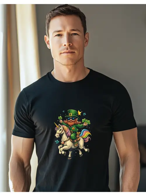 st patricks day mens graphic t shirt rainbow unicorn jolly elf print 180g cotton fit short sleeve tee machine washable casual holiday gift for men festive clothing fit tee smooth fabric