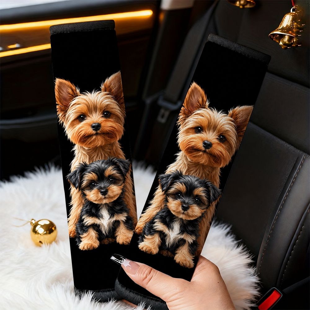 TEMU 2pcs Car Seat Belt Shoulder Pads, Adorable Yorkshire Terrier Puppy Print, 2d Flat Design, Universal Fit For Models And , , Interior Accessories,
