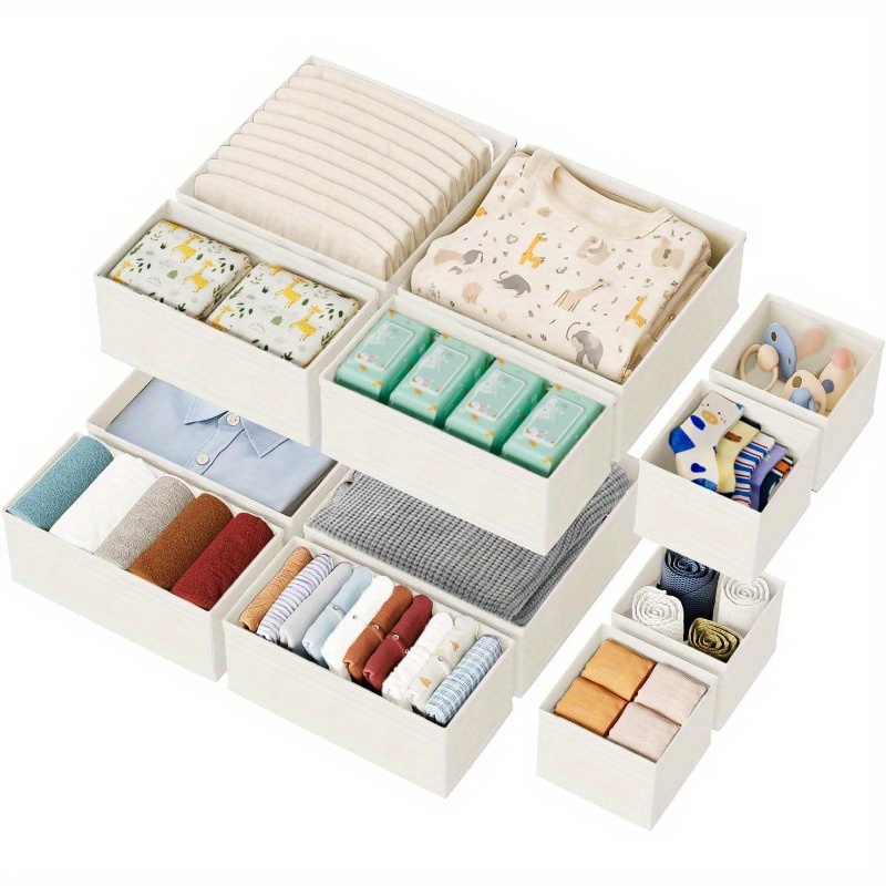Organisateur de Tiroir 12 Pièces pour Vêtements, Organisateur en Tissu Pliable avec Fermeture Éclair pour Chaussettes, Soutiens-gorge, Serviettes et Cravates, Sac de Rangement Beige