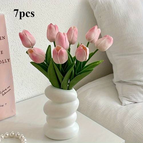 7pcs realistic tulip set faux tulips with pink and white flowers home decor anniversaries weddings and valentines day vase not included