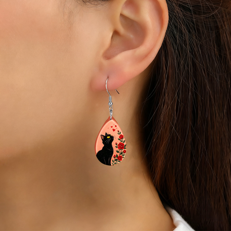 PU Leather Cat Earrings with Red Rose & Black Cat Design