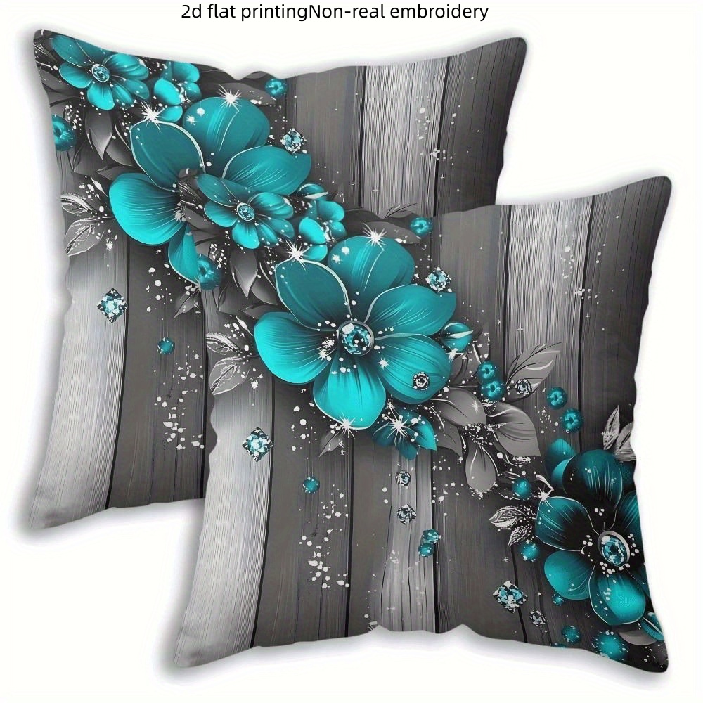 TEMU 2d Flat - 2d Two-piece Blue Floral Wood Grain Pillow Covers, In Multiple Sizes, Use 2d Flat Printing With Single-sided Printing Technique, Does