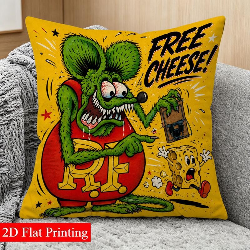 TEMU 2d Printed 1pc Double-sided Pillow Cover, Size 45x45cm, Cartoon Rat And Cheese "free Cheese!" Pattern, Retro Edgy Humorous Style, Suitable For