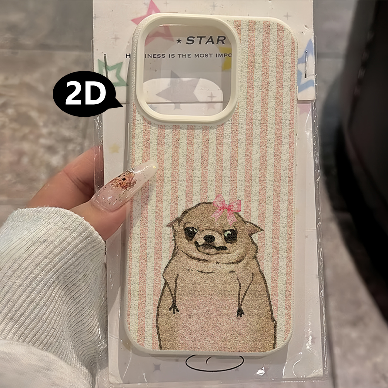 TEMU Phone Case - 1pc Cute And Bow-tied Pug Pink And White Striped Uv Printed Tpu Lychee Texture Phone Case, Compatible With Iphone Xr 11 To 17,
