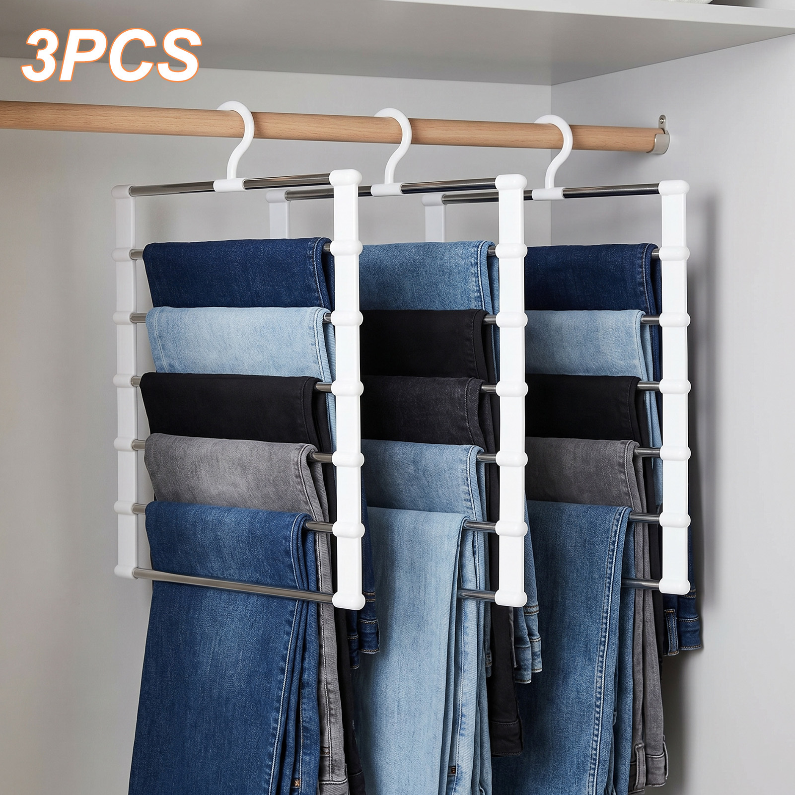TEMU 3pcs Pants Hanger Space Saving Wardrobe Organizer Non-slip Stackable Hanger For Pants Jeans Scarves Trousers Closet Storage Organization