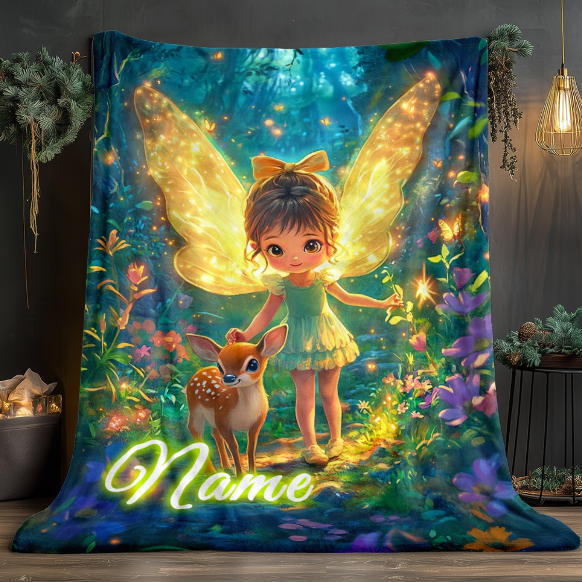 TEMU 1pc Custom Name Fairy With Deer Blanket-lightweight Home Furnishings Bedding Blanket Suitable For Sofas Beds Travel Camping Living Rooms Offices