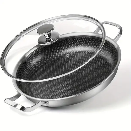 12 inch stainless steel frying pan 4 5 qt pan non stick omelette pan frying pan with cooling handle and glass lid for induction gas ceramic and electric stovetops