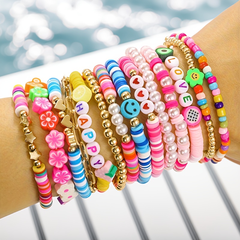 TEMU 14pcs Bohemian Style Colorful Polymer Clay Love Friendship Bracelet Set, Daily Party Accessories, Polymer Clay Seed Beads With Random Color