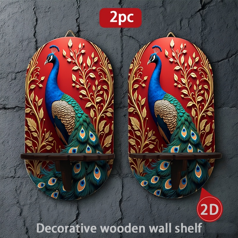TEMU 2pcs Wooden Wall-mounted Candle Holder Shelf, Multifunctional Wall Storage Display Rack With Exquisite 2d Pattern On Golden Floral Background,