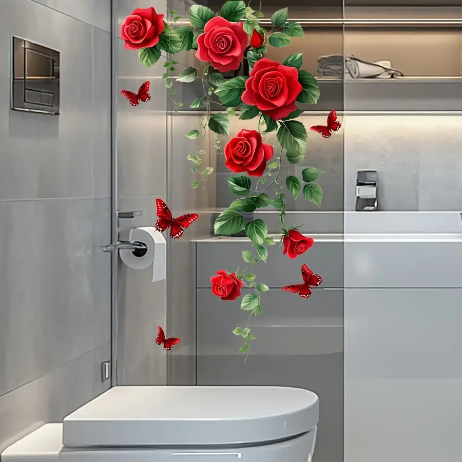 1 bucată autocolant romantic cu   roșu și   pentru geamuri, uși de sticlă, oglinzi, cabine de duș - folie pvc semi-mată, flori neregulate // decalcomanii cu adeziv permanent 5