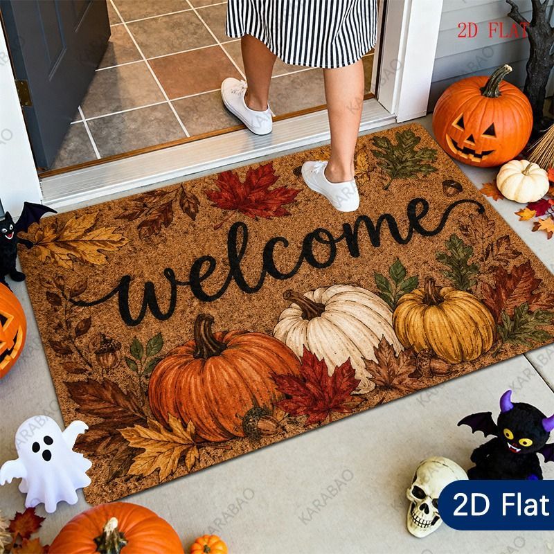 TEMU Halloween Welcome Doormat With Pumpkin And Fall Leaf Print, Non-slip Entryway Floor Rug For Autumn Home Decor, Festive Halloween Seasonal Porch