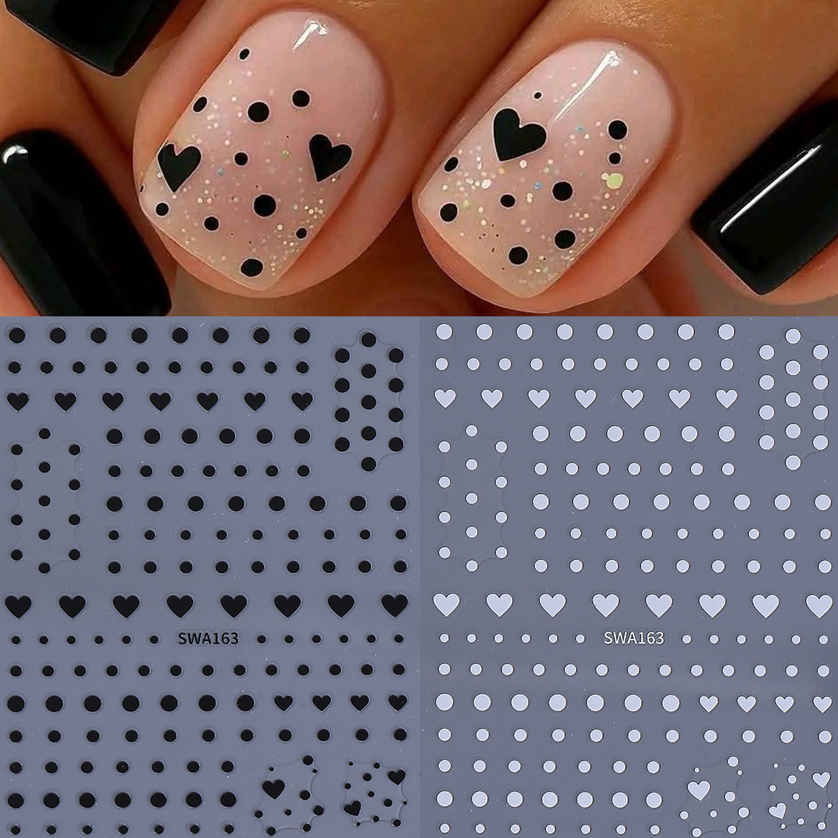 2pcs Simple Black White Round Nail Stickers Polka Dot Heart Decals For Nails Self Adhesive 3d Manicure Accessories Nail Art Decoration