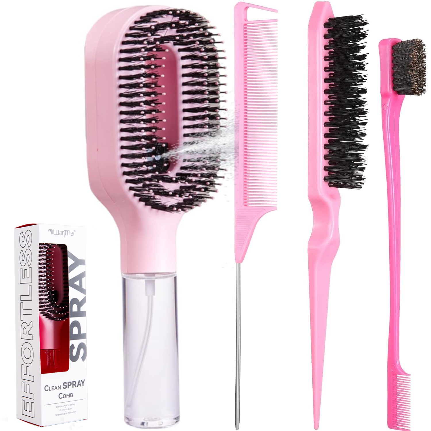 TEMU Brosse démêlante 2-en-1 à poils en soies et nylon avec vaporisateur à fine, brosse à sourcils, brosse pour le contrôle des pointes, peigne queue
