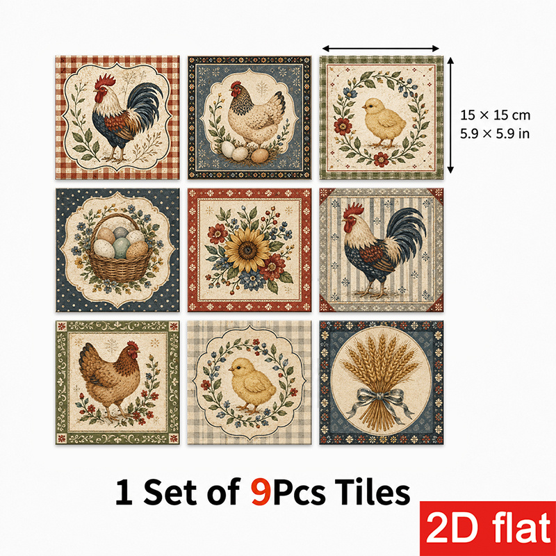 TEMU 2d Flat 9pcs 15x15cm (5.9x5.9in) Slate Tile Stickers Frosted - Rooster & Floral Pattern Wall Tiles, Peel And Stick, Self-adhesive, Easy To Peel
