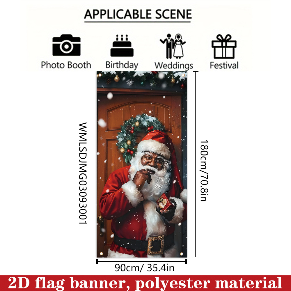 TEMU 2d Flat, 2d Door Banner, 2d Flag Banner, 1pc Christmas Door Cover, 180cm * 90cm/70.8in * 35.4in, Material, African American Santa Claus Door