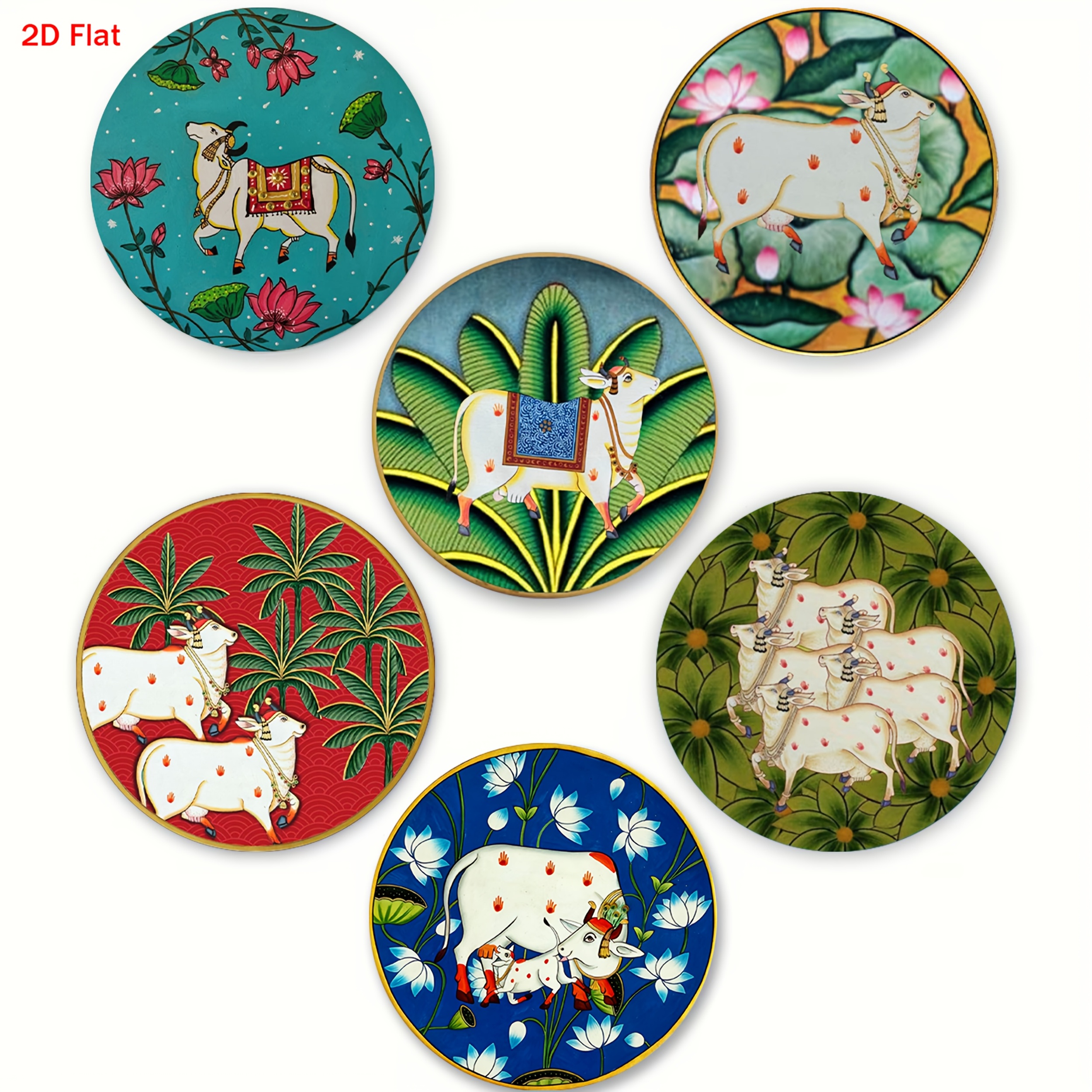 TEMU 6pcs Set Indian Pichwai Cow And For Lotus Wooden Coasters - Heat-resistant Non-slip Drink Mats, Suitable For Home Kitchen Decor, Wooden Cup